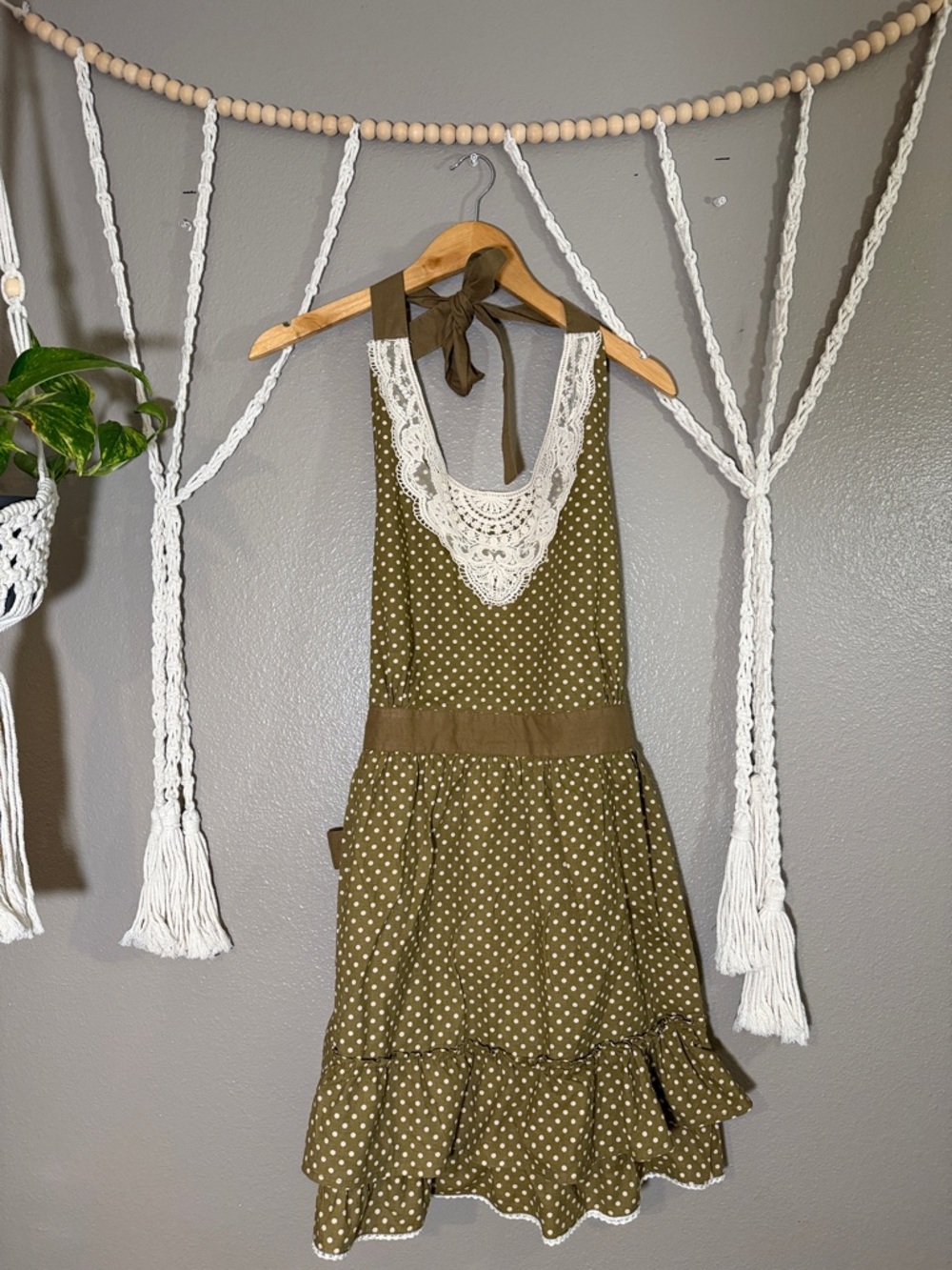 Women's Olive Polka Dot Apron with Lace Trim